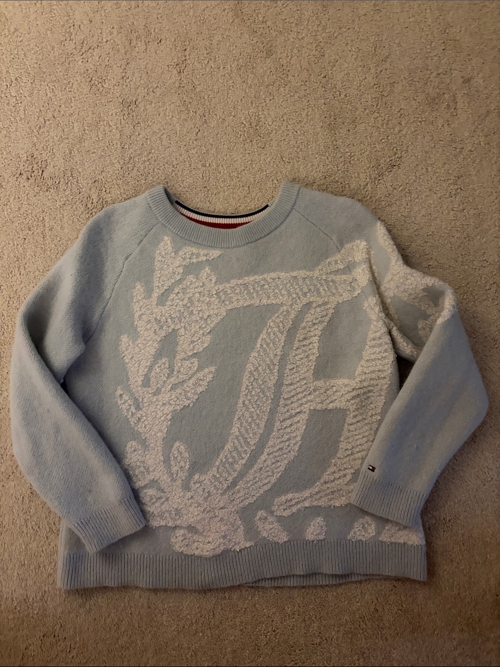 Tommy Hilfiger Pale Blue Crewneck Sweater with White Textured Logo